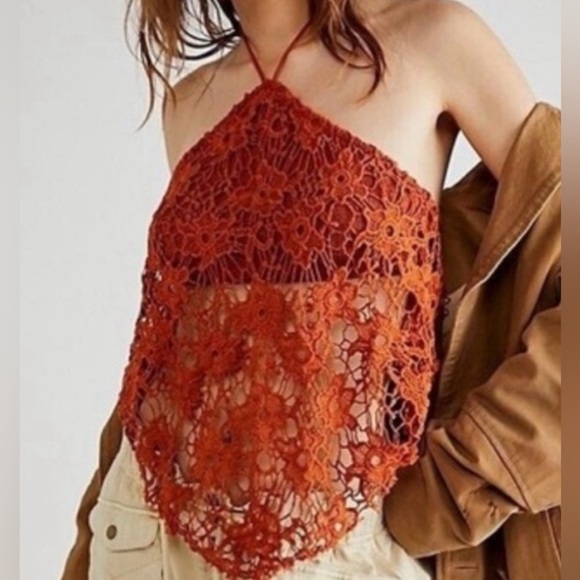 Free People Seychelle Crochet Lace Crop Top in Terracotta size Large - Picture 1 of 8